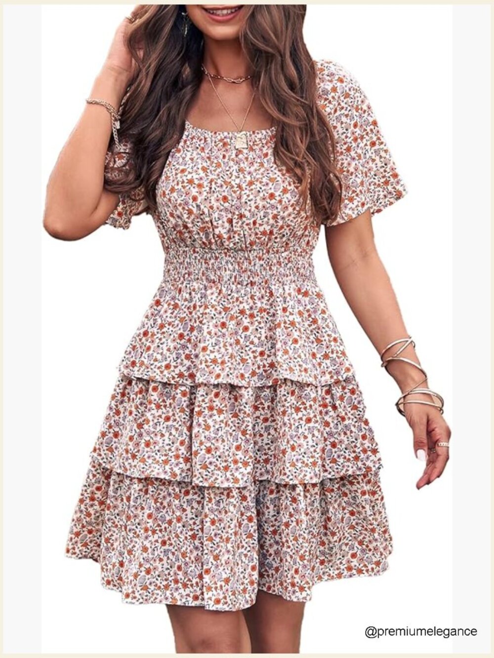 Floral Square Neck Tiered Ruffle Boho Swing Dress Short Sleeve Summer